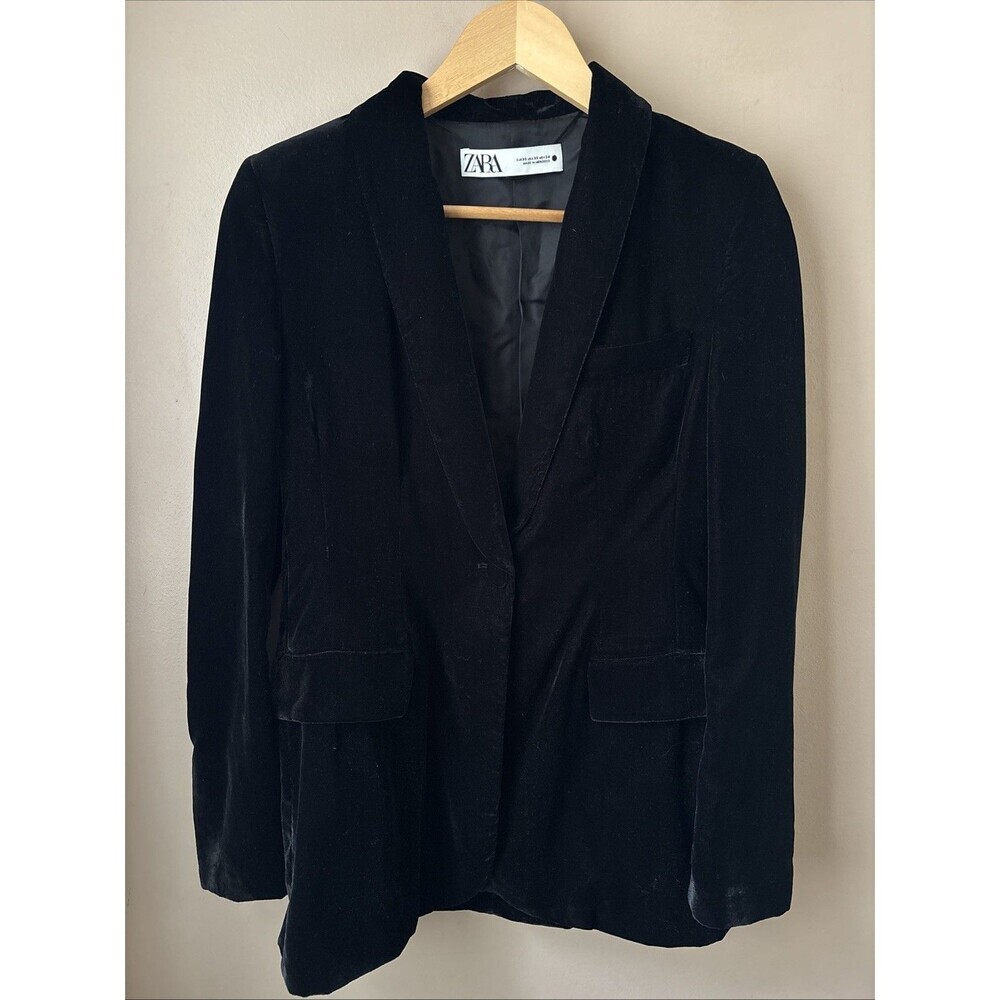 Zara Velvet Blazer Womens XS Black Oversized Jacket Chic